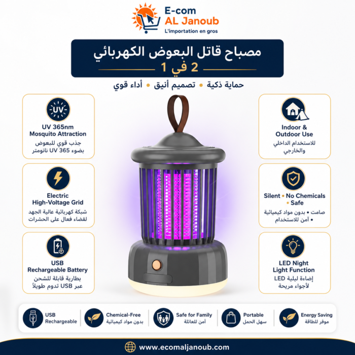 إنفوجرافيك يوضح مميزات مصباح قاتل البعوض الكهربائي القابل لإعادة الشحن USB من متجر Ecom Al Janoub.