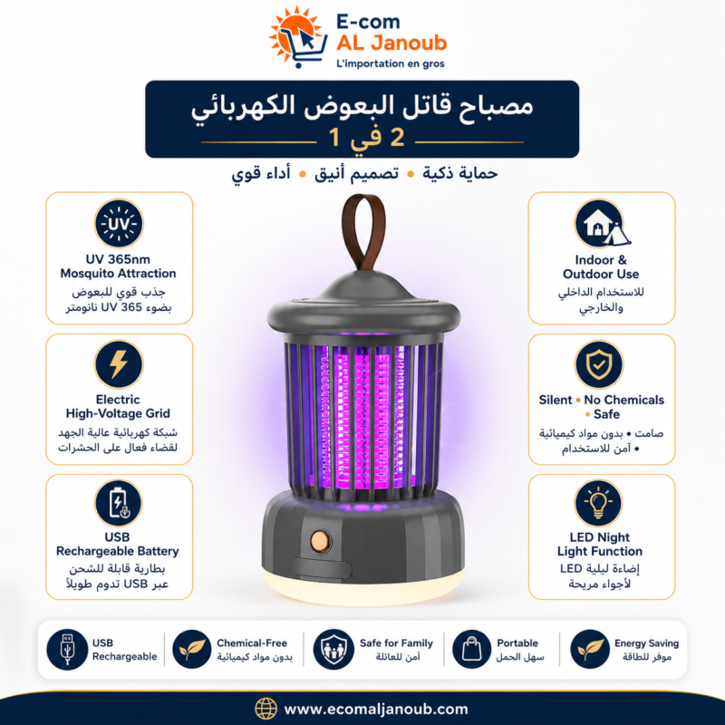 إنفوجرافيك يوضح مميزات مصباح قاتل البعوض الكهربائي القابل لإعادة الشحن USB من متجر Ecom Al Janoub.