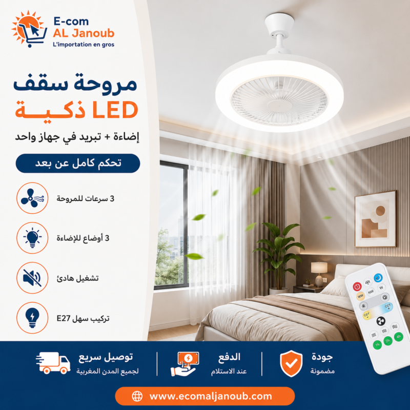 مروحة سقف LED ذكية مع إضاءة 36 واط وجهاز تحكم عن بعد وتركيب E27