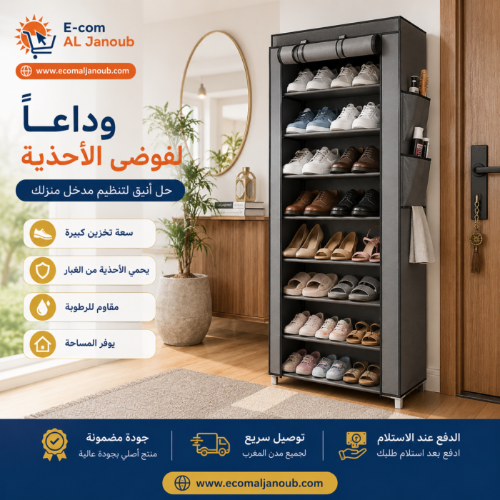 خزانة أحذية قماشية بـ10 طبقات موضوعة في مدخل منزل عصري لتنظيم الأحذية وحمايتها من الغبار.