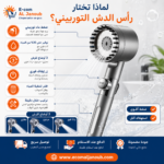 إنفوجرافيك يوضح مميزات رأس الدش التوربيني عالي الضغط مع فلتر وثلاثة أوضاع للرش