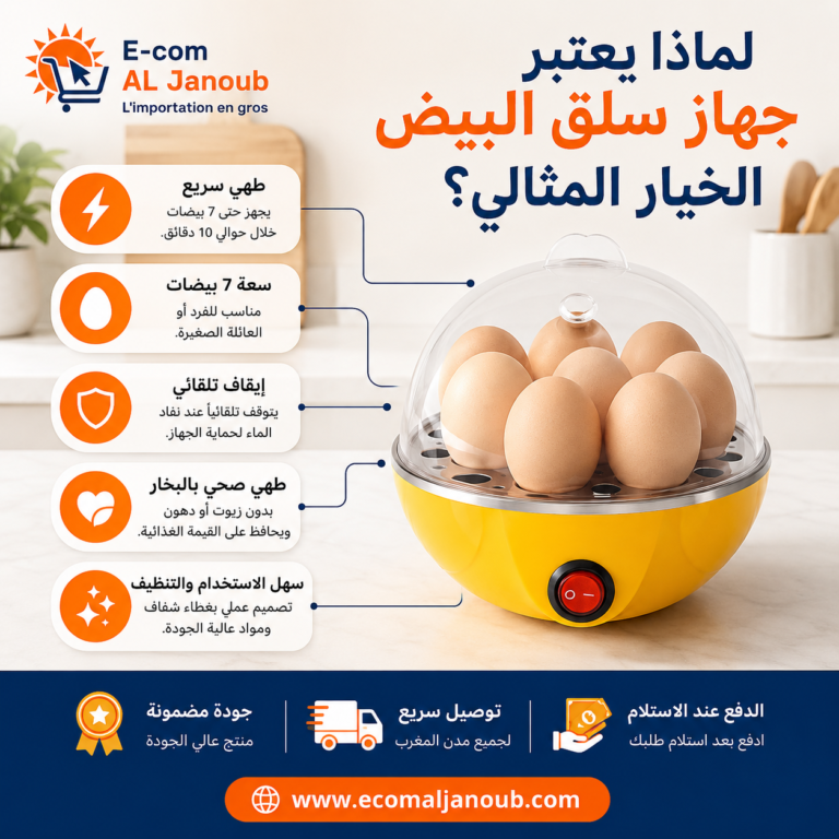 إنفوجرافيك يوضح أهم مميزات جهاز سلق البيض الكهربائي بسعة 7 بيضات مع خاصية الإيقاف التلقائي والطهي بالبخار الصحي.