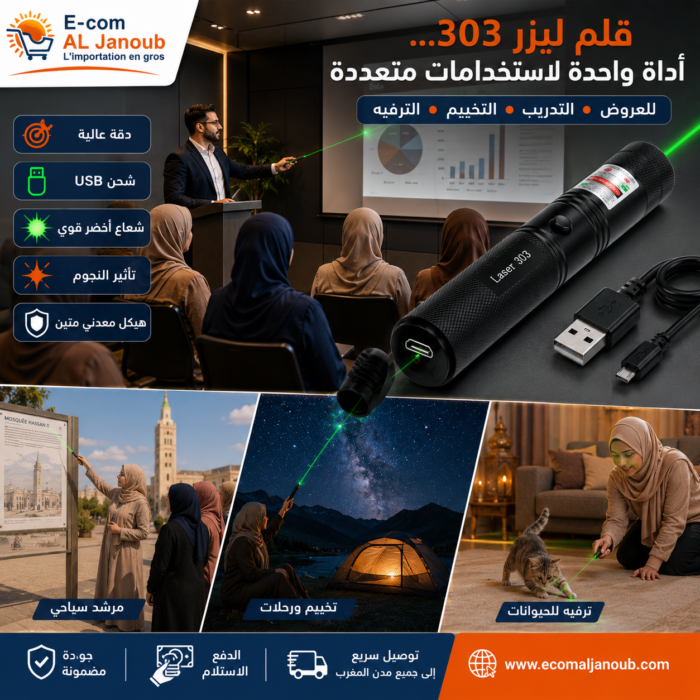 صورة توضح استخدامات قلم الليزر 303 القابل للشحن عبر USB في العروض التقديمية والتخييم واللعب مع الحيوانات الأليفة.