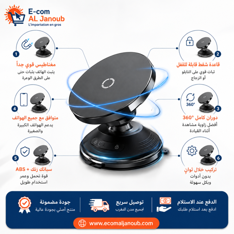 إنفوجرافيك يوضح مميزات حامل الهاتف المغناطيسي للسيارة بقاعدة شفط ودوران 360 درجة