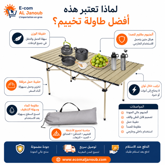 إنفوجرافيك يوضح مميزات طاولة التخييم القابلة للطي المصنوعة من الألومنيوم.