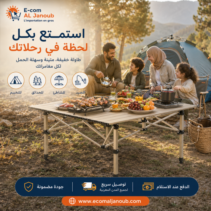 طاولة تخييم قابلة للطي من الألومنيوم مستخدمة خلال نزهة عائلية في الهواء الطلق.