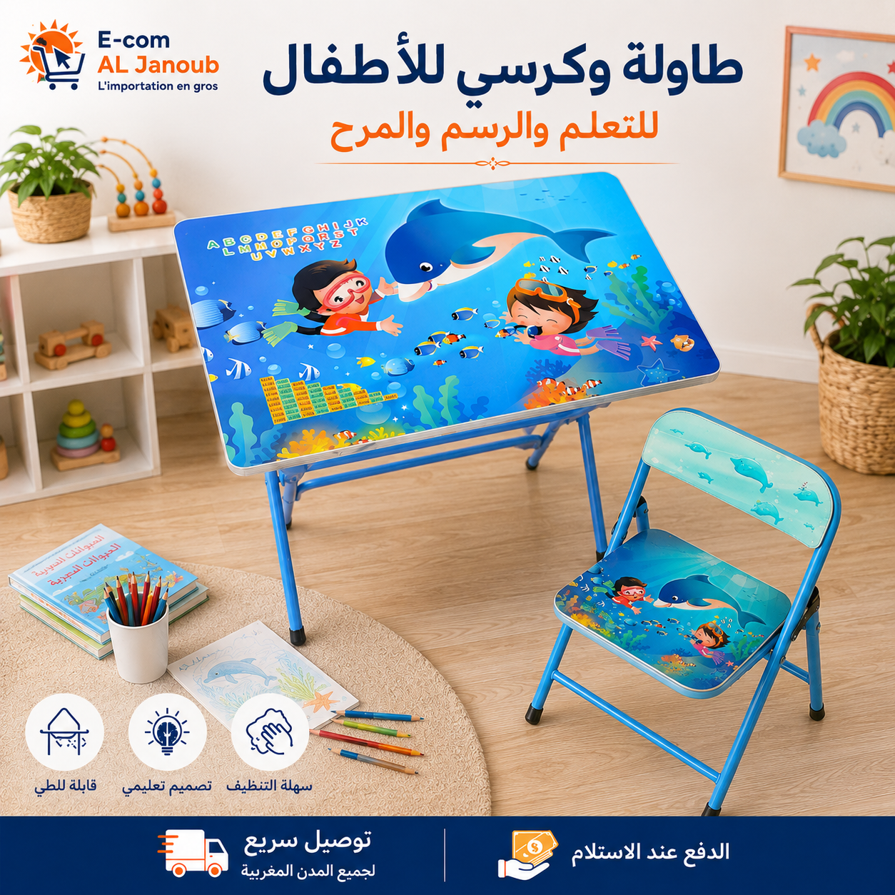 طاولة وكرسي للأطفال قابلان للطي بتصميم الدلافين وعالم البحار